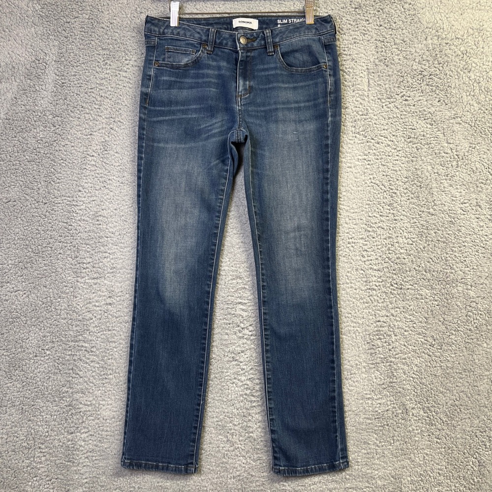 Sonoma Jeans Women 8 Blue Denim Slim Straight Leg Medium Wash Stretch Minimalist